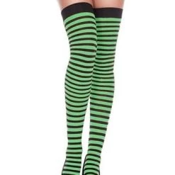 Music Legs Black And Kelly Green Striped Women's Thigh Highs