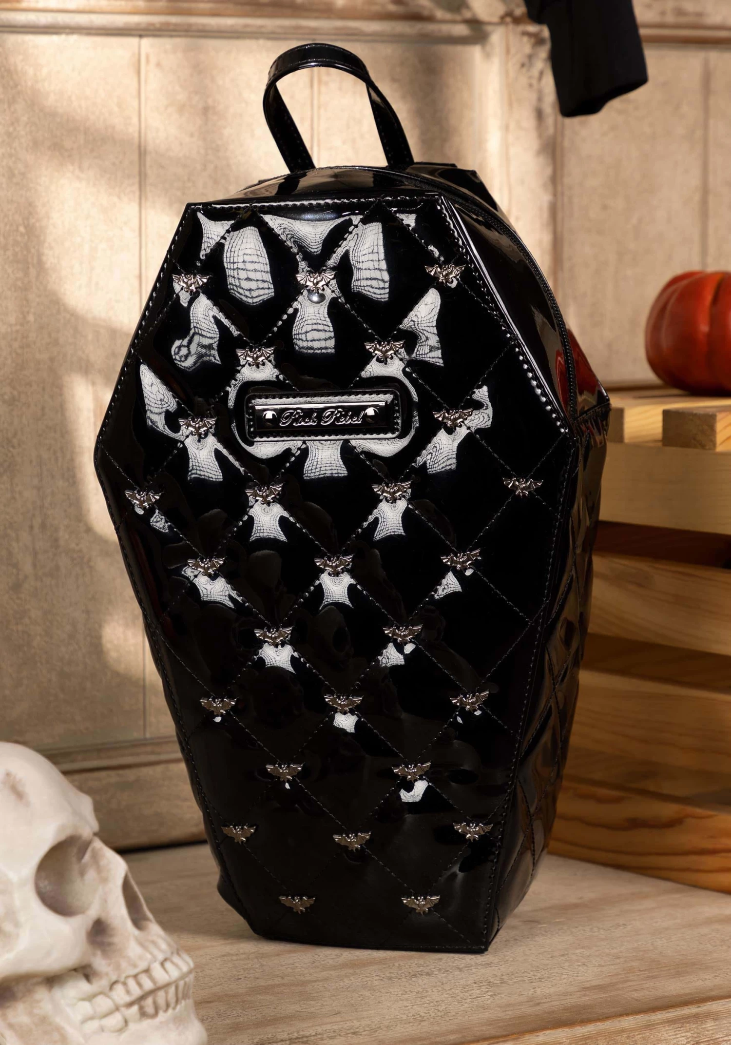 Rock Rebel Shop Black Bat Studded Quilted Faux Patent Coffin Backpack 1 Rock Rebel Shop Black Bat Studded Quilted Faux Patent Coffin Backpack