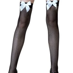 Leg Avenue Black Fishnet / White Bow Thigh Highs