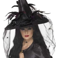 Smiffys Feathers And Netting Black Witch Hat