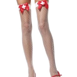 Leg Avenue Women's White Fishnet Thigh High Nurse Stockings
