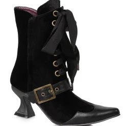 Ellie Black Velvet Heeled Boots For Women