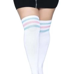 Leg Avenue Women's Plus Size White Athletic Socks With Pink And Blue Stripes -Cheap Halloween Store womens plus white athletic socks with pink and blue alt 2