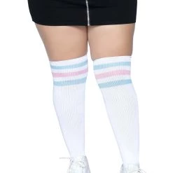 Leg Avenue Women's Plus Size White Athletic Socks With Pink And Blue Stripes